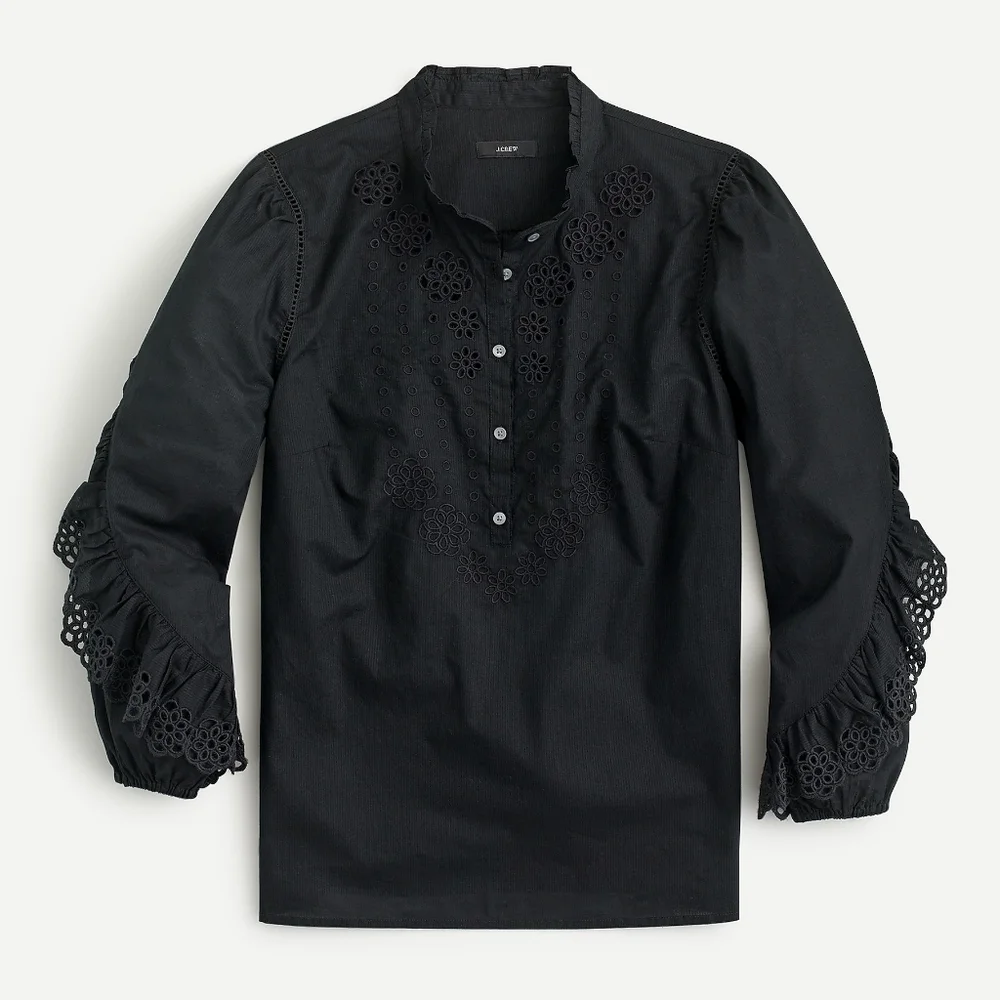 New! J Crew Sz M Ruffle-sleeve Top Embroidered Eyelet Black NWT